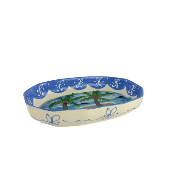 Hand-Painted Ceramic Tropical Jewelry Trinket Dish With Palm Trees & Ocean Scene - Picture 11 of 14